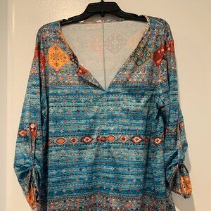 Quarter Length Sleeve Silky Shirt with Southwestern Pattern